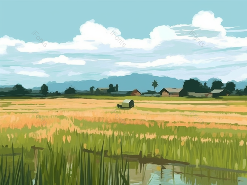 蓝天白云节气夏季小满乡村田园插画背景,插画/手绘图,插画/手绘图库,插画/手绘图下载,插画/手绘